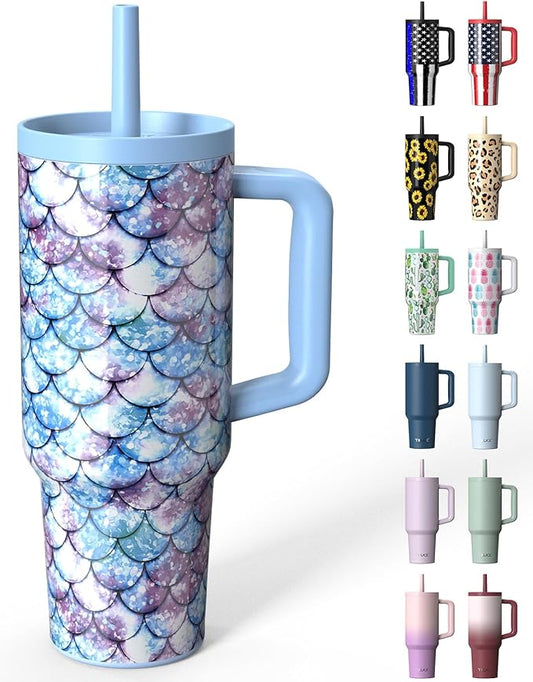 TILUCK 40 oz Tumbler with Handle, Vacuum Insulated Stainless Steel Travel Mug with 100% Leak-Proof Silicone Straw Lid, Cupholder Friendly Water Bottle(FishScales, 40oz)