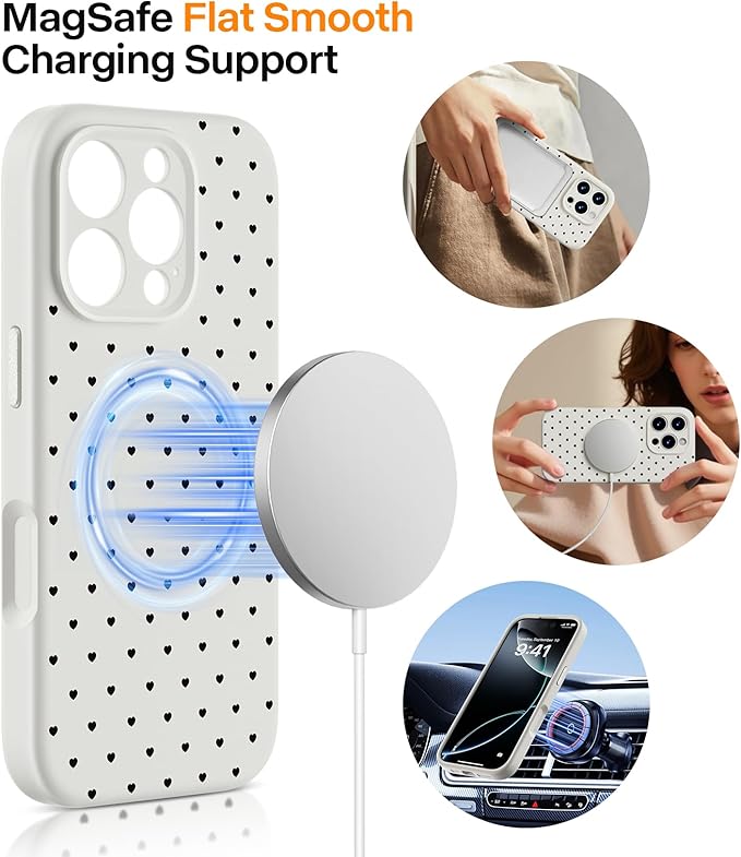 Magnetic for iPhone 16 Pro Liquid Silicone Case, Compatible with MagSafe, Heart Dot Case, [Full Camera Protection] Shockproof Phone Case with Soft Anti-Scratch Microfiber Lining