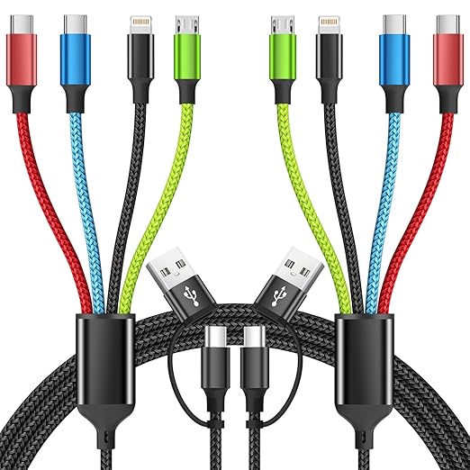 Travel Essentials 4 in 2 Multi Charging Cable, USB A/C Charging Cords with Dual Type-C, USB Cable Phone Charger Compatible with Most Cell Phones/Tablets and More (2Pack, 5FT)