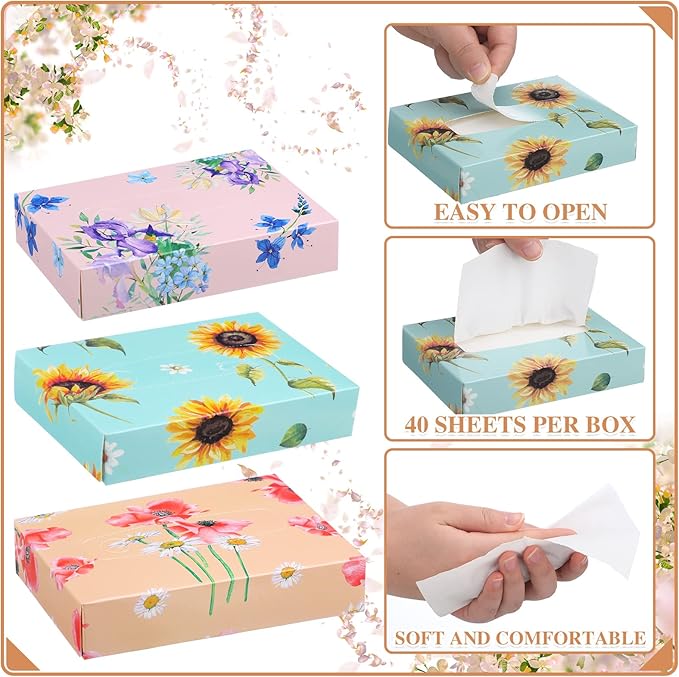 24 Packs Small Boxes of Tissues Flower Car Facial Tissue Boxes Disposable Tissue Packs Cube Facial Tissues 2 Ply 960 Sheets for Holiday Party Bathroom Office Floral Home Decor(Flower)