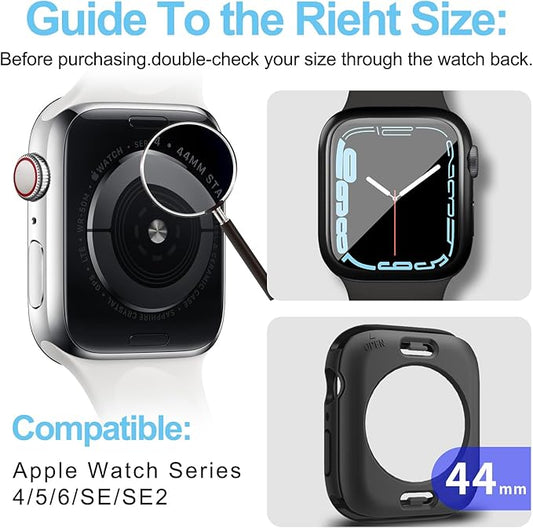 3 in 1 Waterproof Case for Apple Watch Screen Protector 44mm Series 4/5/6/SE/SE2/SE3(2025),with Tempered Glass 360° Protective Front and Back PC Bumper Cover Compatible iWatch 44mm