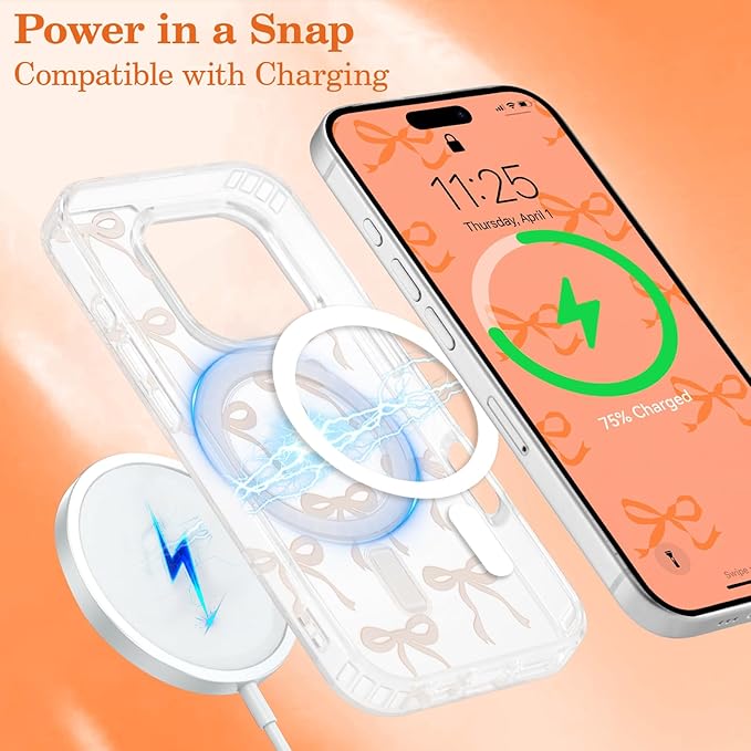 UEEBAI Magnetic for iPhone 16 Pro Case, Bow Case Compatible with MagSafe, Wireless Slim Clear Ribbon Aesthetic Phone Cover Anti-Yellowing Shockproof Protective Cover for Women Girl - Orange