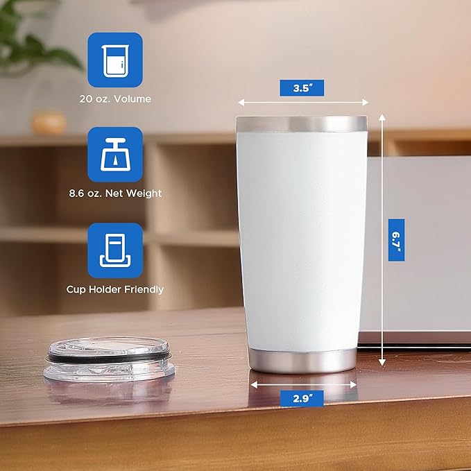 OMTech 20oz Tumblers Bulk, 6pc Stainless Steel Tumbler Set with Lid & Straw, Double Wall Vacuum Insulated Mug for Laser Engraver, Travel Coffee Mug for Hot & Cold Drinks, White Powder Coated Cup