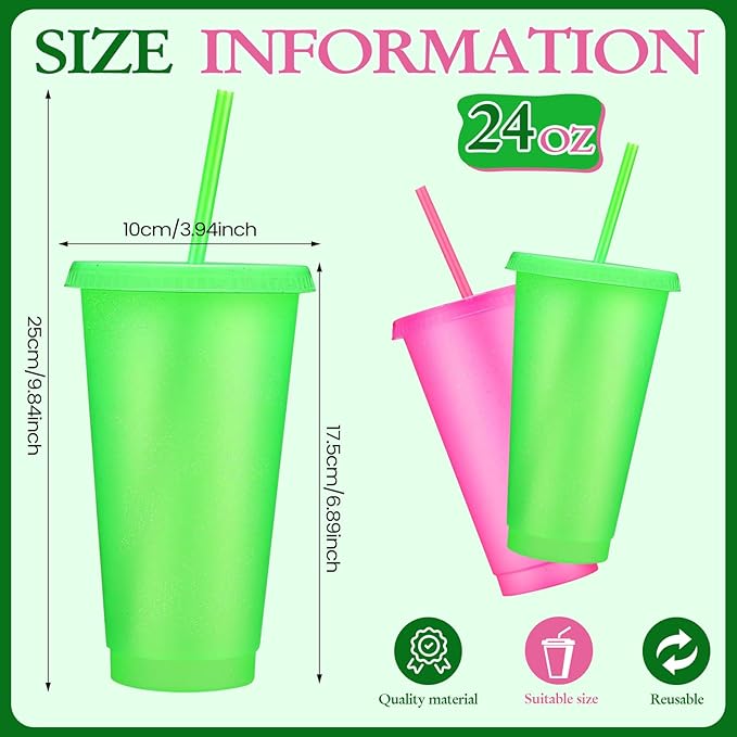 Honeydak 30 Pack Tumbler with Straw and Lid Bulk Glitter Plastic Cups Water Bottle Iced Coffee Travel Mug Reusable Party Favor Cups for Birthdays travel 24-27 oz (Pink and Green)