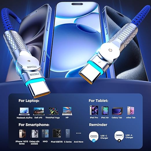 USB C to USB C Cable 6.6ft,240W 2-Pack Braided 180°Rotating Type C Charging CableFast Charge for iPhone 15/16/16Pro/16Plus/16ProMax,MacBook Air,iPad Pro,Pixel,Samsung Galaxy S23/S24 Ultra-Blue