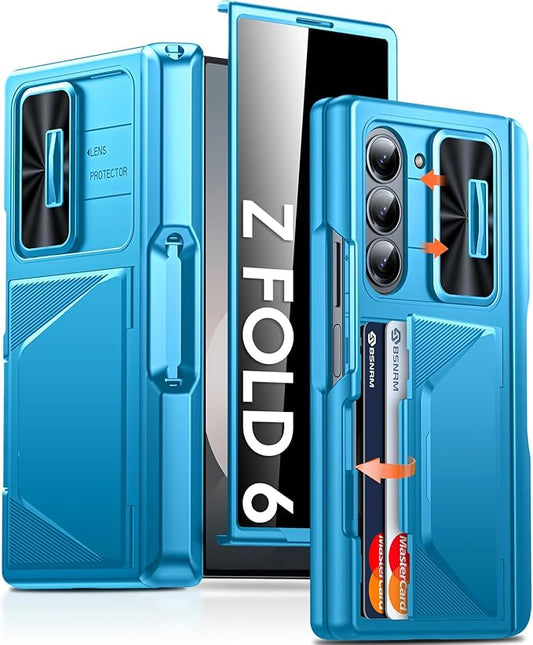 for Samsung Galaxy Z Fold 6 Case with Card Holder RFID Blocking & S Pen Holder & Slide Camera Cover & Hinge Protection & Privacy Screen Protector, Shockproof Wallet Case for Z fold 6,Lake Blue