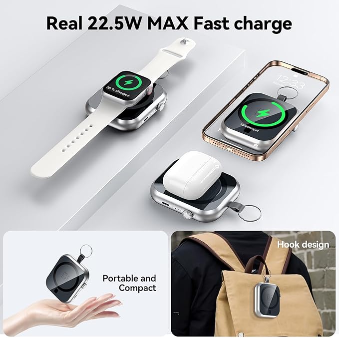 Magnetic Power Bank 10000mAh with Detachable Lanyard-3-in-1 Magnetic Wireless Charger,22.5W PD Fast Charging,Compact Portable Battery Pack for iPhone 16/15/14/13/12,Apple Watch & AirPods