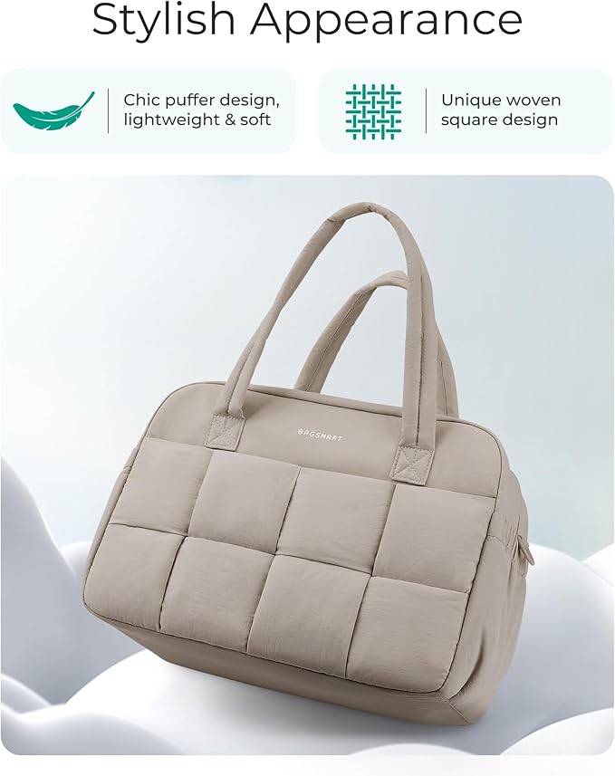 BAGSMART Gym Bag for Women, 24L Puffer Travel Duffle Bag for Travel with Laptop Compartment, Weekender Bags for Women, Carry On Duffel Bag Personal Item Bag, Camel