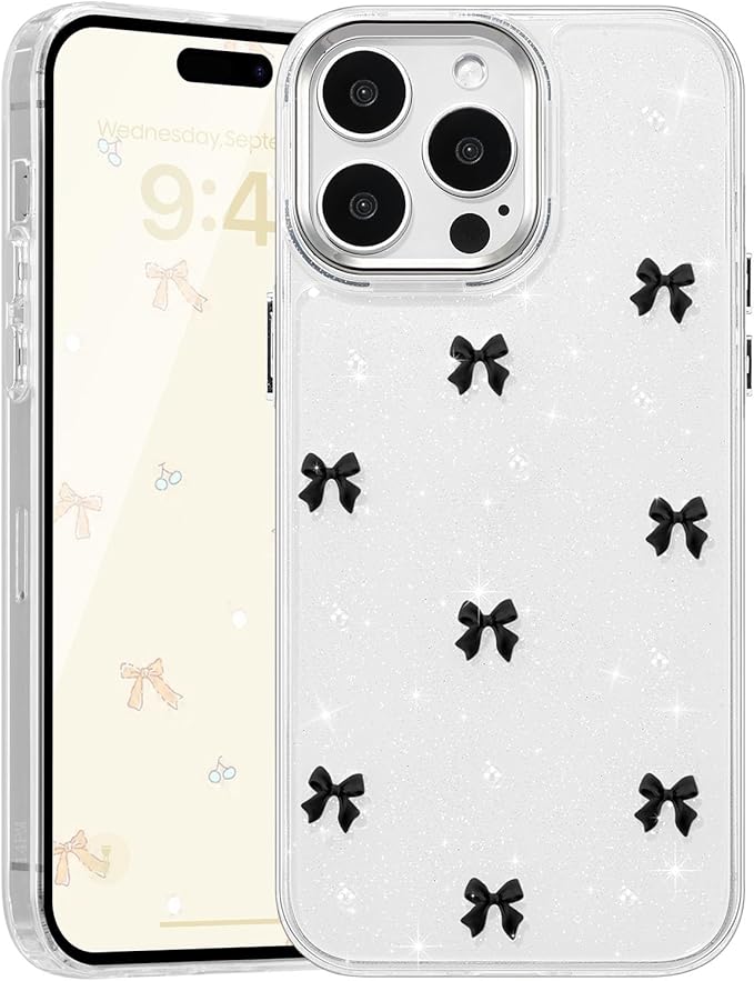 EYZUTAK Case for iPhone 13 Pro, Bling Glitter 3D Bowknot Phone Case Cute Sparkly Crystal Clear Bow Aesthetic Design Case Slim Soft Durable TPU Transparent Protective Cover for Women Girl - Black Bow