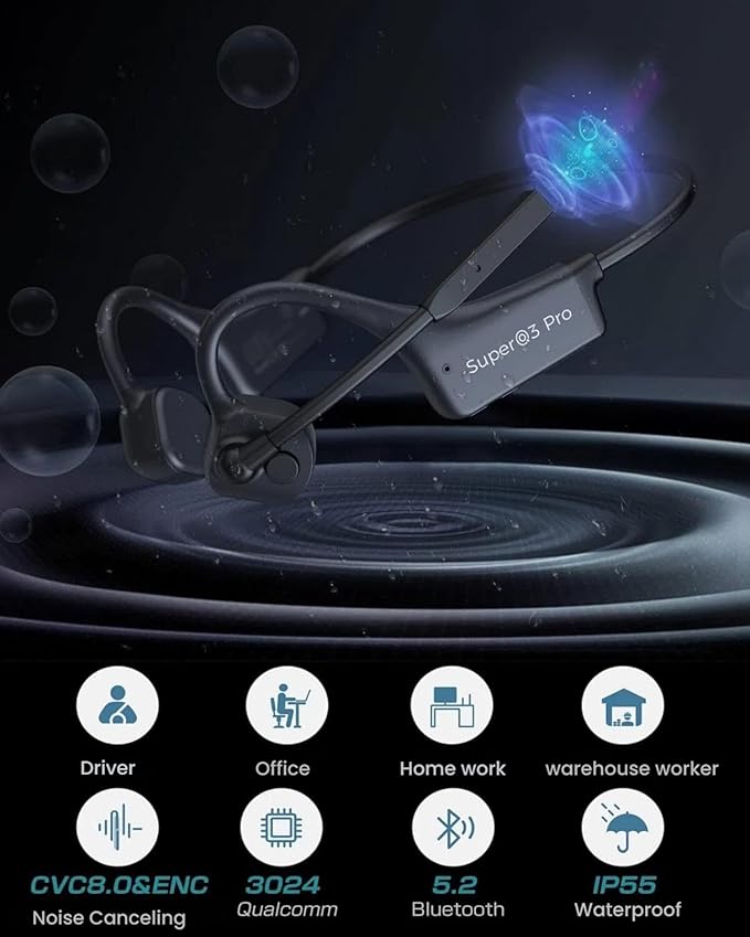 Bone Conduction Bluetooth Headphones with Microphone Wireless Computer Headsets with Mic Noise Canceling Open Ear Large Battery Multi-Point Connection for Working Cycling Driving Meeting