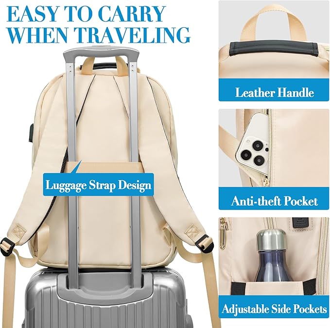 Laptop Backpack for Women, Large School Backpacks for Girls,17.3 Inch Fashion Quilted College Bookbags with USB Charger, Beige Womens Travel Backpack