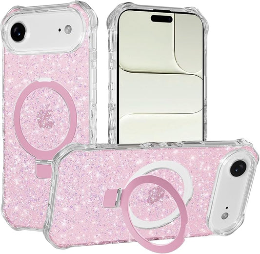 Magnetic for iPhone Air Case with Invisible Stand, Compatible with MagSafe, Clear Bling Sparkle Shockproof Slim Anti-Slip Military Drop Protection Hard Phone Case 6.5" Glitter Pink
