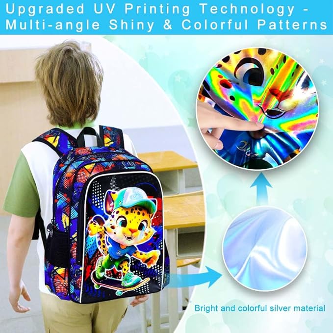 CCJPX 3PCS Kids Backpack for Boys, 16 Inch Panther Water Resistant Preschool Bookbags, Cool Leopard Kindergarten School Backpacks and Lunch Box