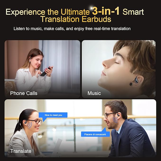 AI Translation Earbuds Real Time, 164 Language Translator Earbud 3-in-1 Bluetooth 5.4 Translator Earbuds with 6 Translation Modes, 75H Translators Headphones with APP for Travel Business Learning