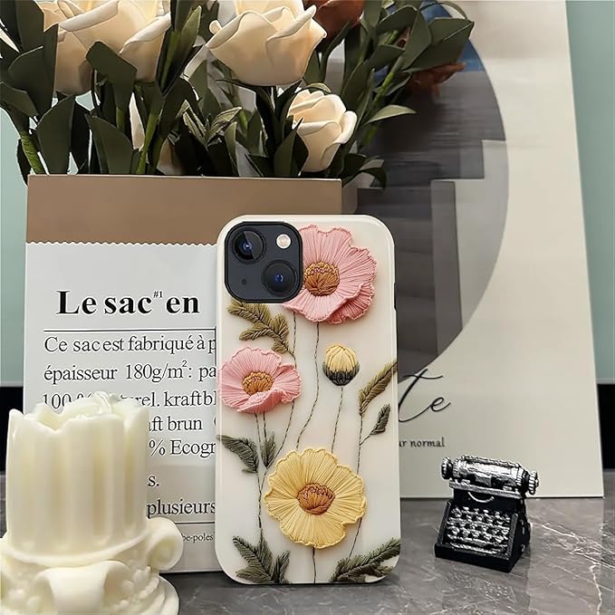 Case for iPhone 14 Plus Case,Faux Embroidery Boho Floral Design - Hybrid Dual Protection Silicone + Hard PC Shockproof Full Body Cover Slim Anti-Scratch Protective Case for Men Women