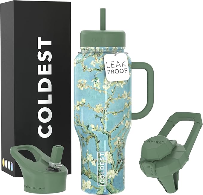 Coldest Tumbler with Handle and Straw - 100% Spill Proof Tumbler with Straw (3 Lids) - Stainless Steel Insulated Leakproof Tumblers for Women & Men - 36 oz (Almond Blossom)