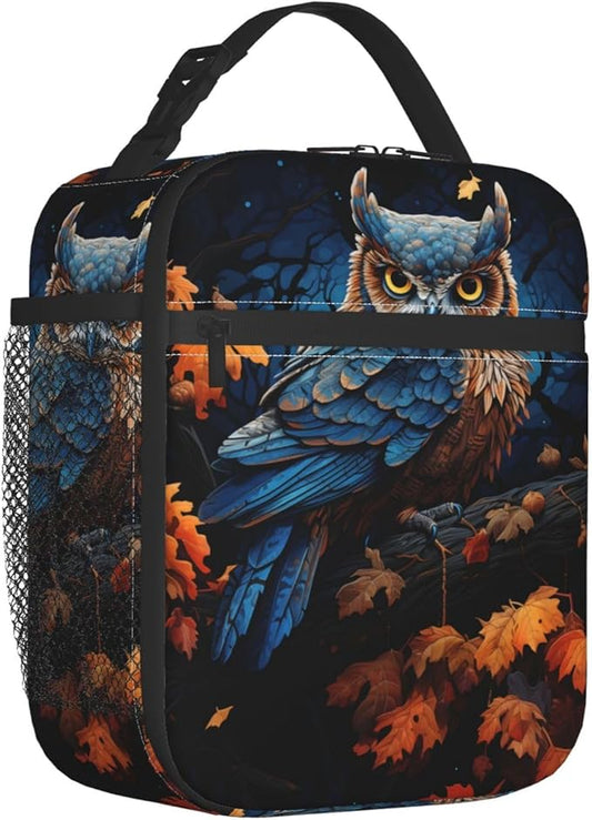 Cool Owl Lunch Box for Kids,Bird Insulated Bag for Student,Animal Reusable Thermal Insulation Cooler Tote Bags for School Work Picnic Camping Outdoor Gifts (Blue Owl and Autumn Leaves)