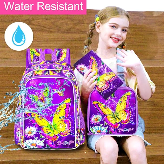 3Pcs Butterfly Backpack for Girls, 16" Kids Bookbag with Lunch Box，School Backpacks for Elementary Preschool Kindergarten (Purple)