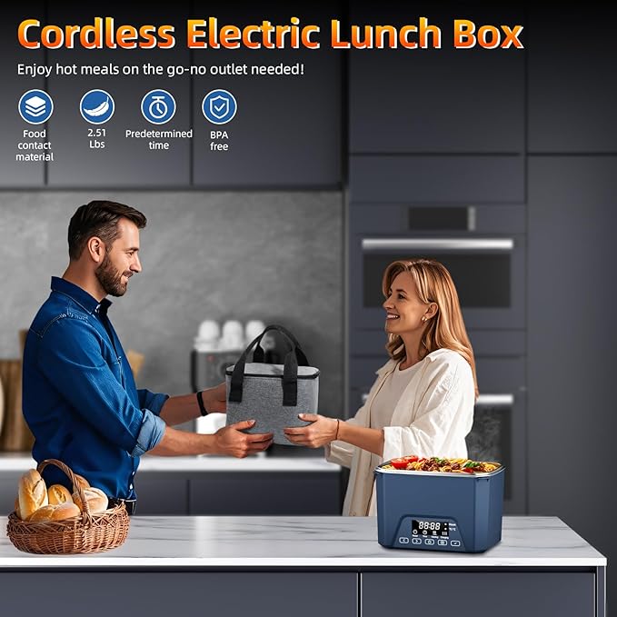 Cordless Electric Lunch Box, 1.2L Self Heating Lunch Box Battery Powered with Automatic Heating, BPA Free, Meal Prep Friendly (Blue)