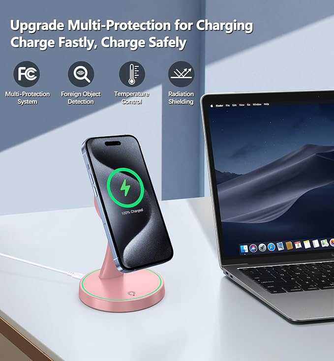 Magnetic Wireless Charger Stand 15W Fast Mag-Safe Charger for iPhone 17/17 pro/ 17 Air/ 17 pro max 16/15/14/13/12 Series Magnet Wireless Charging Station/Pad with Sleep-Friendly Light for AirPods