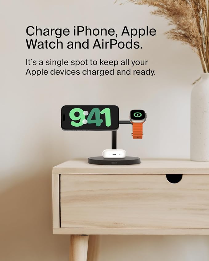 Belkin MagSafe-Compatible Charger, 3-in-1 Wireless Charging Station, Qi2-Certified 15W Wireless Charge for Apple iPhone 16 Series, Apple Watch, AirPods w/Non-Slip Base, 40W Included - Black