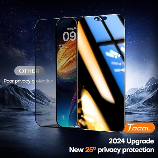 TOCOL for iPhone 15 Pro Privacy Screen Protector 9H+ Hardness Tempered Glass Full Coverage Screen Protector Easy Installation 2 Pack
