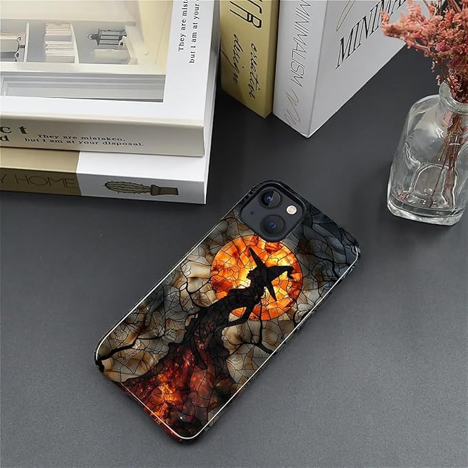 Case for iPhone 15 Case,Halloween Witch Moon Stained Glass Design - Hybrid Dual Protection Silicone + Hard PC Shockproof Full Body Cover Slim Anti-Scratch Protective Case for Men Women