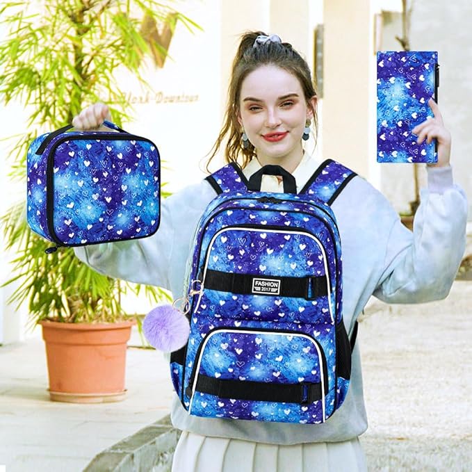 17 Inches Girls Backpack, 3Pcs Love Laptop Backpacks with Lunch Bag, Water Resistant College School Bookbag Set for Teens Students(Blue)