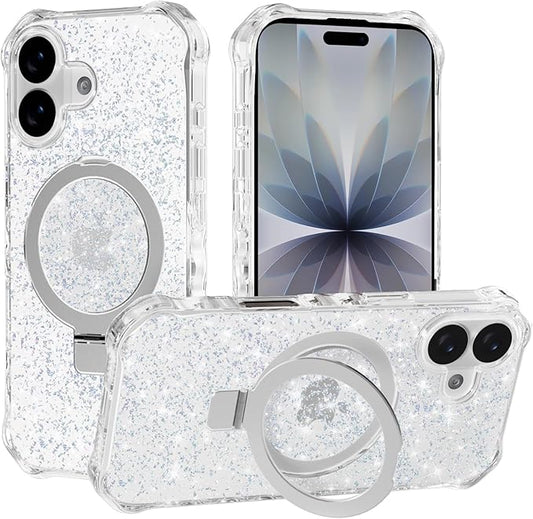 Magnetic for iPhone 17 Case with Invisible Stand, Compatible with MagSafe, Clear Bling Sparkle Shockproof Slim Anti-Slip Military Drop Protection Hard Phone Case 6.3" Glitter Silver