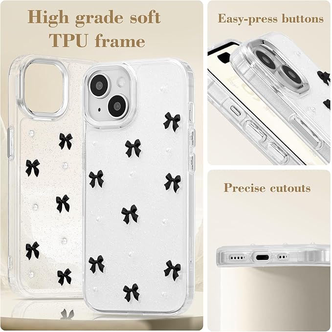 EYZUTAK Case for iPhone 15 Plus, Bling Glitter 3D Bowknot Phone Case Cute Sparkly Crystal Clear Bow Aesthetic Design Case Slim Soft Durable TPU Transparent Protective Cover for Women Girl - Black Bow