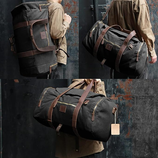 60L Travel Bags for Men, Nomad Canvas Duffle Bag Vintage Genuine Leather Travel Duffel Bag Multifunctional Weekender Overnight Backpack with Shoes Compartment (Black, X Large-60L)