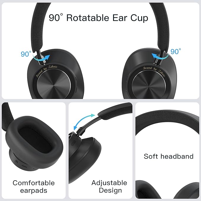 ZIHNIC Active Noise Canceling Headphones, Wireless Over Ear Bluetooth Headphones, Hi-Res Audio, Prolonged Battery Life, Deep Bass, Comfortable Foam Ear Cups-Black