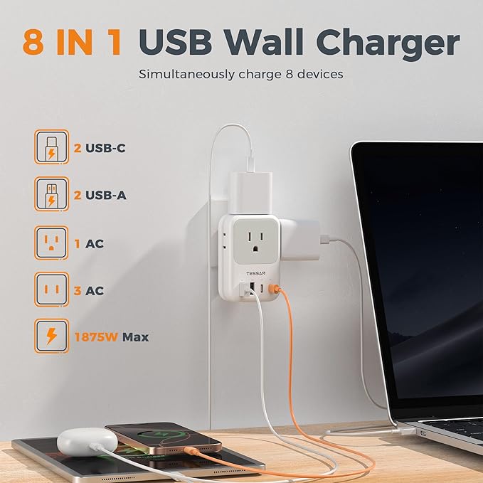 USB C Charger Block 20W, TESSAN PD Fast Charging Adapter with Foldable Plug, 1875W Power Outlet Extender (4 AC and 4 USB) for Cruise, Home, Office, Dorm