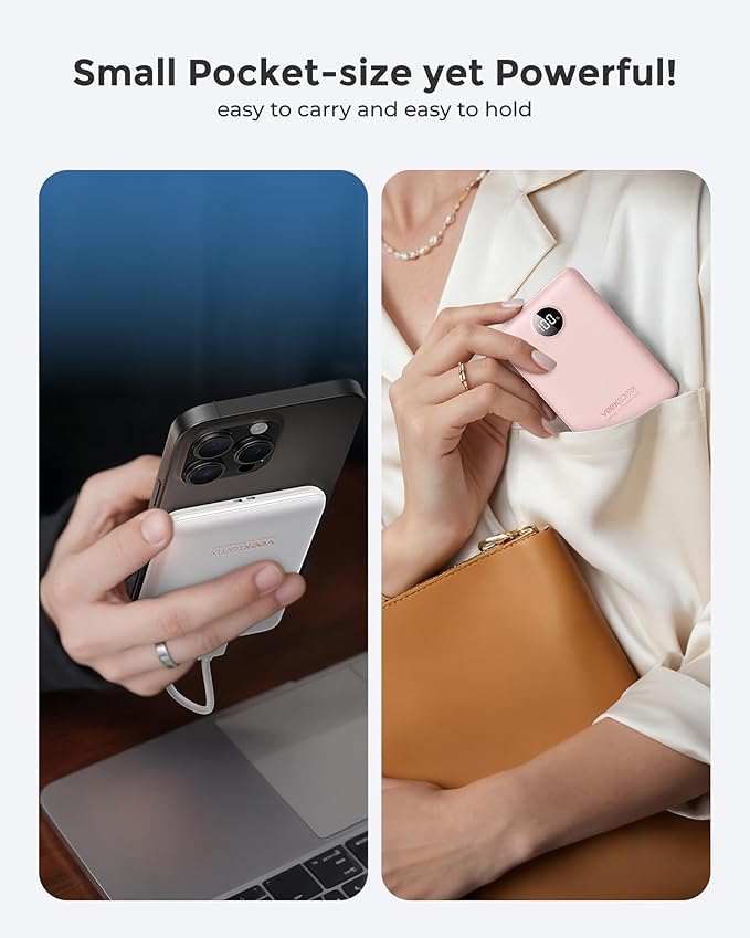 VEEKTOMX Small Portable Charger, Mini Power Bank 10000mAh, PD 22.5W Fast Charging USB-C Battery Bank, Travel Essentials Dual Voltage External Portable Powerbank for iPhone/Samsung/Google Pixel, White