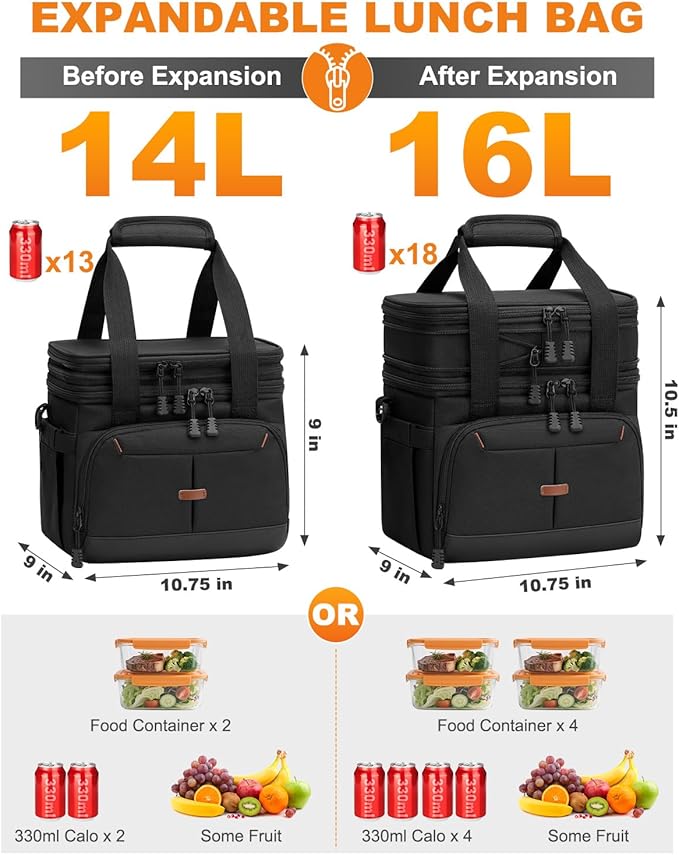 Lunch Box for Men Women Double Deck Insulated Lunch Bag for Men Woman Leakproof Expandable Cooler Bag with Adjustable Shoulder Strap for Work Picnic School(Black,16L)