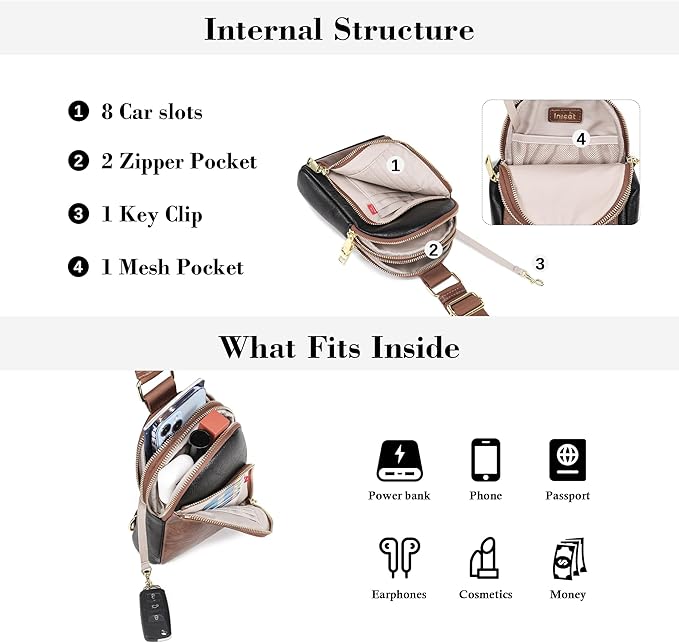 INICAT RFID Blocking Sling Bag Leather Crossbody Bags for Women Fanny Pack Cross Body for Woman Chest Bag for Travel 1.9L