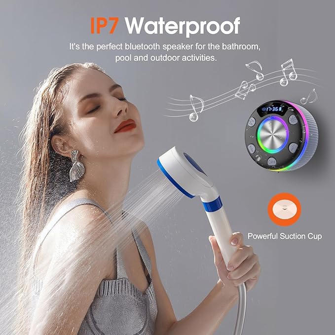 Bluetooth Shower Speaker, Portable Bluetooth 5.3 Speakers Wireless with Time Display, IP7 Waterproof Speakers with RGB Light, Suction Cup, Mini Stereo Speaker for Bathroom Party Beach Gifts, Grey