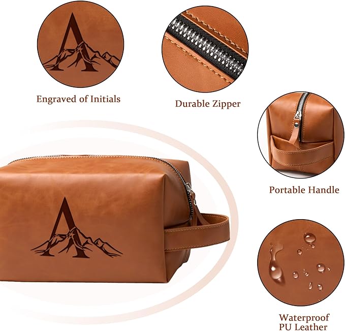 Personalized Gifts Travel Toiletry Bag for Men Engraved Initial PU Leather Waterproof Shaving Bag for Toiletries Accessories Fathers Day Birthday Gift for Men Dad Husband Son, Light Brown S