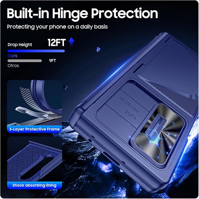 for Samsung Galaxy Z Fold 6 Case with Card Holder RFID Blocking & Slide Camera Cover& Hinge Protection& Full-Body Rugged Shockproof Wallet Case for Galaxy Z fold 6, Sapphire Blue