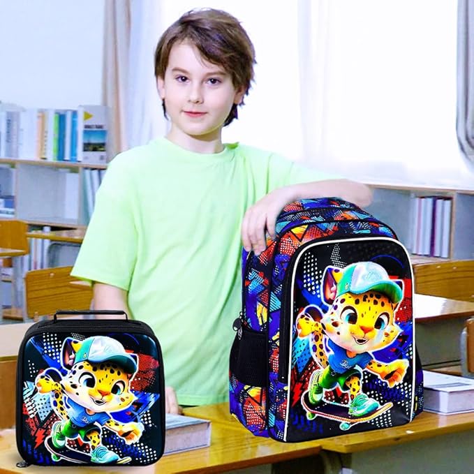 CCJPX 3PCS Kids Backpack for Boys, 16 Inch Panther Water Resistant Preschool Bookbags, Cool Leopard Kindergarten School Backpacks and Lunch Box