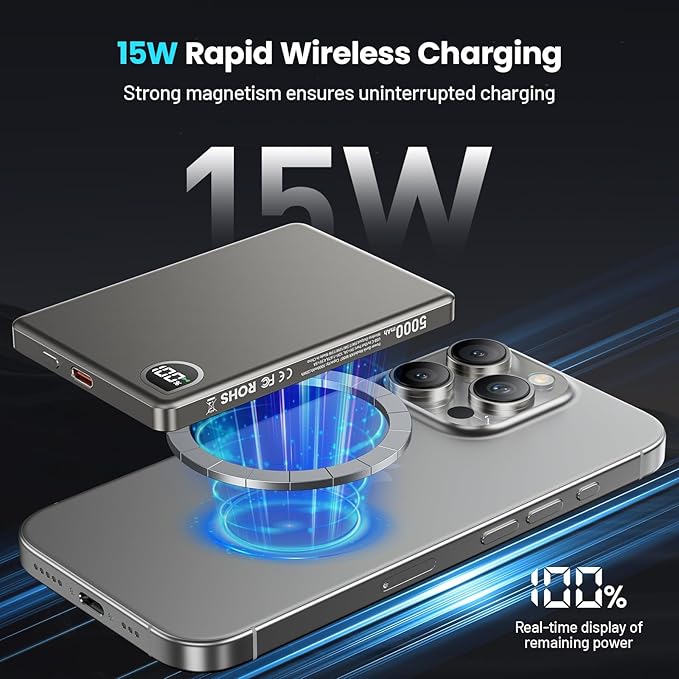 Portable Charger Power Bank, 5000mAh Ultra Slim Battery Bank with USB-C Cable & Digital Display, 22.5W Fast Charging Magnetic Battery Pack for iPhone 16/15/14/13 Series, Samsung & Android(Gray)