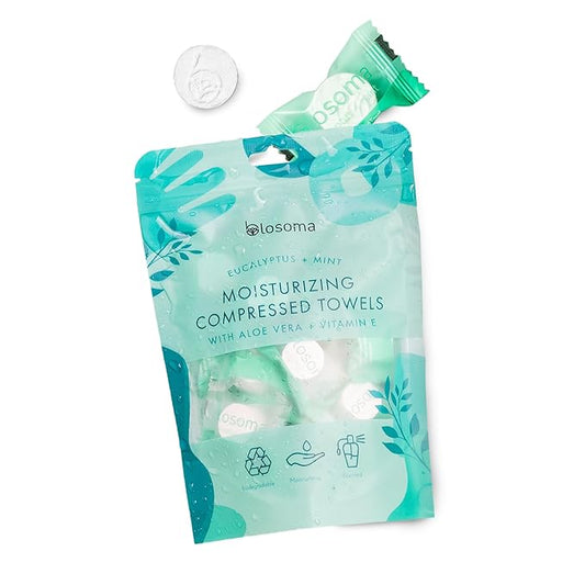 Eucalyptus and Mint Compressed Towel Tablets – Disposable Cotton, Instant Expandable water activated Face Towels, Travel-Friendly, Biodegradable Moisturizing Towels for Outdoors (Pack of 50)