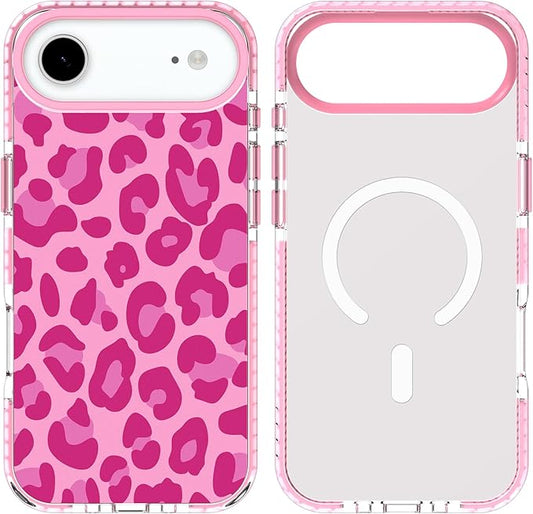 SAKUULO Magnetic for iPhone Air Case with Screen Protector [Compatible with MagSafe] Hot Pink Leopard Print Pattern Wireless Charge Strengthen Protection Cover Hot Pink Leopard (6.7")