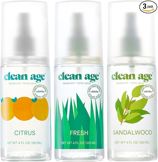 Aluminum Free Deodorant & Body Spray for Whole Body - 3 Pack 4oz ea - Citrus, Fresh and Sandalwood - Clean Deodorant and Body Spray for Teen Boys and Girls - With AHA Fights Body Acne