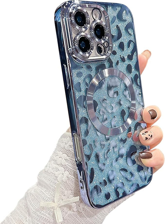 for iPhone 16 Pro Case Magnetic,Soft Cute Luxury Leopard Cheetah Pattern Plating Glitter Bling Phone Case Compatible with MagSafe Clear Shockproof Back Cover for Women Girl 6.3"-Blue