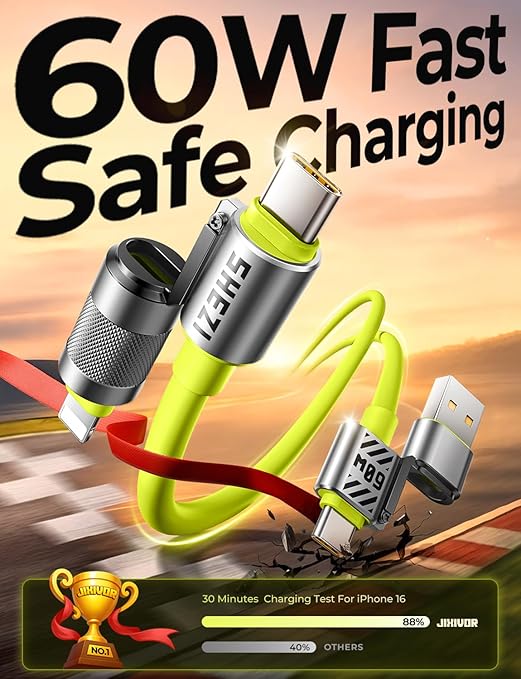 Silicone Green Cable 4-in-1 USB C Cable 60W Compatible with Lightning Cable Fast Charging & Data Transfer, Support to CarPlay & Android Auto, 5FT Multi Cord Combo Charger for iPhone/iPad