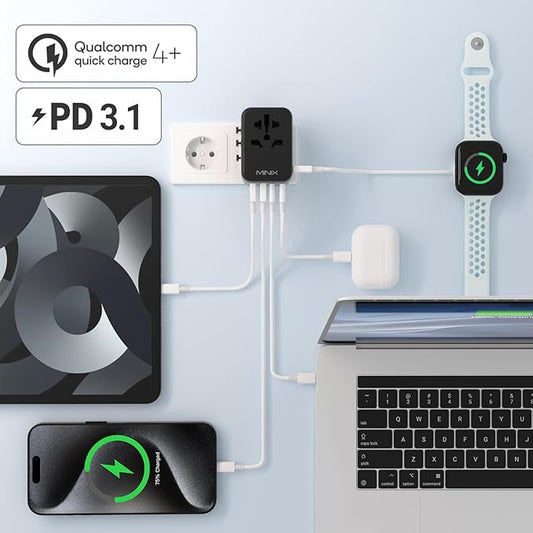 MINIX Universal Travel Adapter, International Power Plug Adapter Max 35W 3 USB C 2 USB A Ports, All-in-One Worldwide Wall Charger for USA EU UK AU up to 180+ Countries.