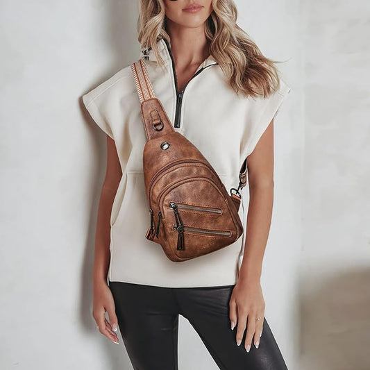 7L Sling Bag For Women Faux Leather Anti Theft Small Casual Daypack Backpack Fanny Pack Crossbody Chest Bags Purse Waterproof Brown