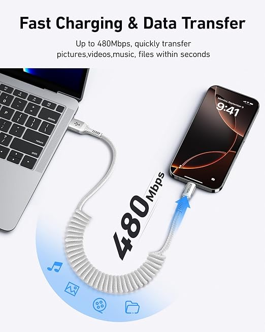 Coiled USB to USB C Cable 6FT, 2Pack Braided USB A to Type C Charger Cable for Car 66W Fast Charging Cord Compatible with iPhone 17 16 15 Pro Max, iPad, Samsung Galaxy, Google Pixel, LG Phones-Silver