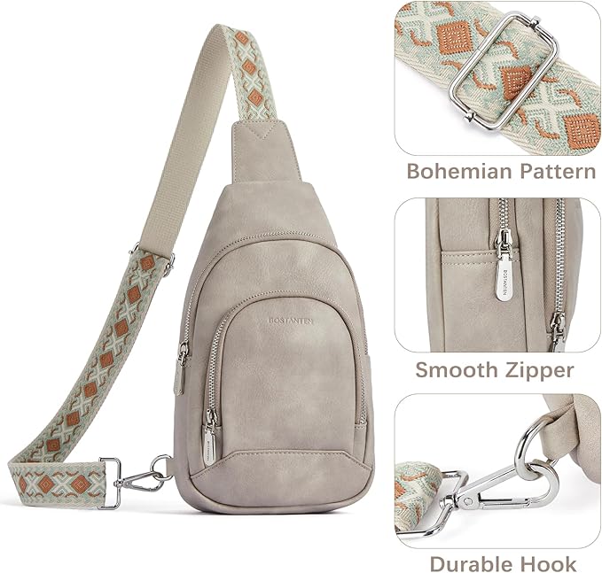 BOSTANTEN Sling Bag for Women Leather Crossbody Bag Vintage Cross Body Purse for Travel with Guitar Strap, Bohemian Style